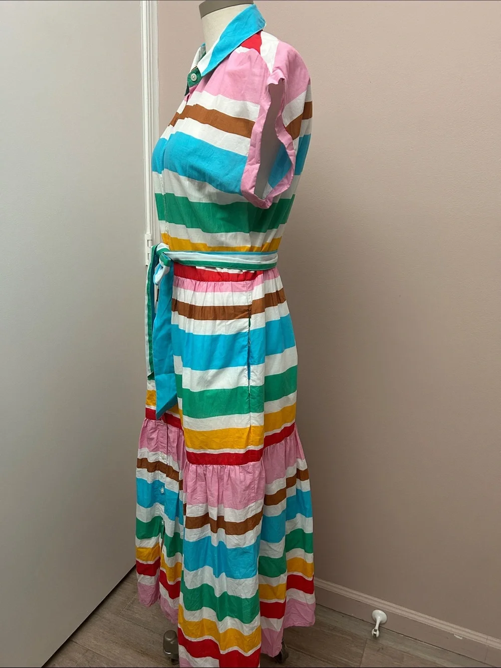 Cotton Colorful Striped Button-Up Tie-Waist Maxi Dress size 8